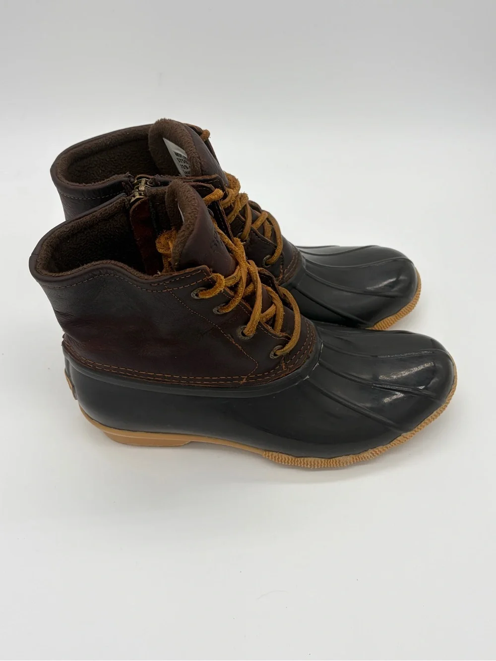 Sperry Brown Leather and Black Rubber Duck Boots with Tan Laces